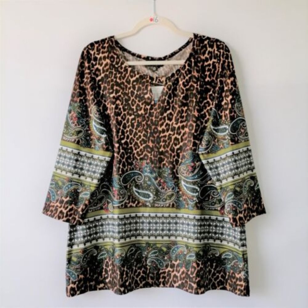 NWT Melissa Paige Womens Multicolor PaisleyPaw Animal Print Tunic Blouse Size XL